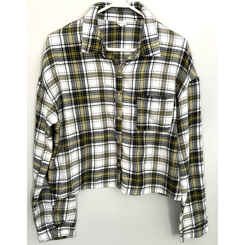 SELF E Shirt Womens XL White Green Plaid Cropped Hem Button Down Long Sleeve